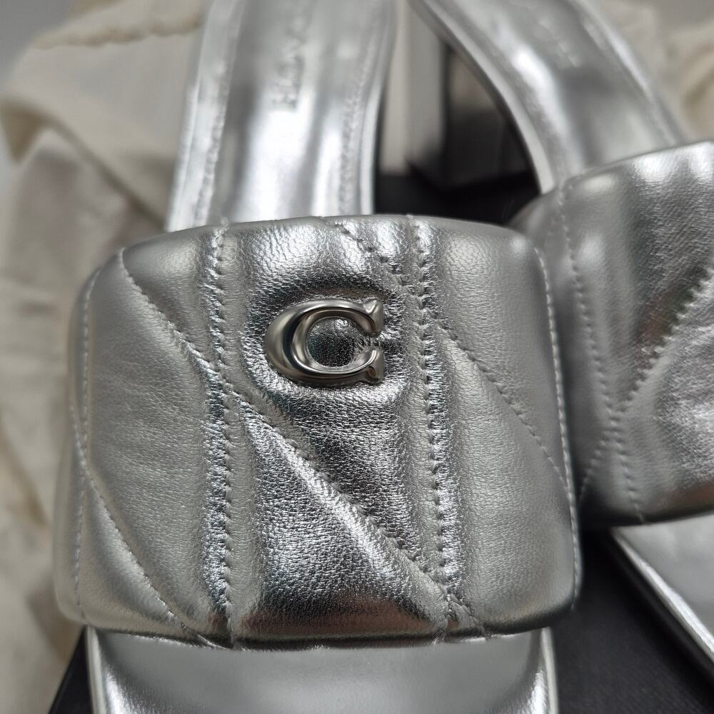 COACH Holly slide slip on Block Heel Square-toe silver leather Sandals Women 9.5